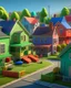 Placeholder: Hyper-realistic Pixar style american suburb with colored houses walker view