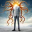 Placeholder: occult transience, SUN STAINS THE SKY, shaky glitchy grainy illustration, Antarctic scientist with tentacles legs growing out of split head, failing the reality test, surreal, sinister, profound, fantastical, by Ben Goossens