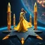 Placeholder: A breathtaking cosmic fantasy scene featuring a stunningly realistic beautiful woman with a perfect face and sculpted figure standing gracefully at the center of a floating geometric platform in deep space. She wears an elegant flowing gown in vibrant gold and blue hues that billow around her perfect form. The platform is constructed from dark cobblestone-like blocks arranged in a cross or star shape. Surrounding her are magnificent crystalline towers and pillars in gold, amber, and electric b