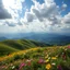 Placeholder: beautiful Green hills covered with flowers colorfull ,blue sky heavy clouds with godray ,very nice flowers at closeup ,wonderfull mountains at distance,beautiful lady standing at hills full body shot look at camera