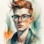 Placeholder: watercolour, large strokes, stylistic, portrait, illustration, dull colours, young, 20-something male, has a certain aura of confidence,sharp facial features, slick angular glasses.