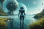 Placeholder: young woman in an android suit standing on the shore of an alien sea. Floating forests with dandelion tops in the distance