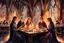 Placeholder: Hogwarts dining hall, Harry Potter and Hermoine Grainger and Ron Weasely share a levitating candlelit dinner in their school robes, Harry Potter universe, impressionistic watercolor, dramatic, darkly beautiful, elegant, volumetric lighting, cinematic, medium brush stokes,