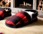 Placeholder: Red plaid slippers laying on a bear fur rug by log cabin fireplace