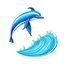 Placeholder: realistic drawing of a dolphin. Blue dolphin, jumping in waves.