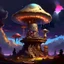 Placeholder: A fantabulous glowing, (((mushroom tower house))) erected atop a (tall geologic pillar), surrounded by uncanny imaginative ((( spiraling skies))), offset by the stark hues of a (nebulous space scape), . captured by the hand a skilled master painter with a focus on (softly textured compositions and voluminous lighting).