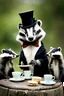 Placeholder: Anthropomorphic European badger wearing a monocle and tophat having a tea party with his animal buddies. Photograph.