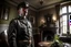 Placeholder: ww1 cop close-up standing up, ww1 mansion living room background