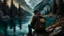 Placeholder: In the oil painting style, deep in the mountains surrounded by darkness, a man wearing hiking clothes and an old hiking bag sat in front of a lake and hit the lake hard to create a big wave, which sent huge vibrations to the mountain on the other side.