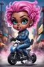 Placeholder: airbrush illustration of the chibi cartoon character, a voluptuous black female in a blue jean outfit with biker boots. Her prominent makeup and hazel eyes, along with her detailed pink pixie haircut, are featured in this image, set against the background of a lively bike show.