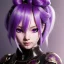 Placeholder: Detailed cute anime Kunoichi girl, purple hair buns, purple bangs, black latex bodysuit, intricate details, full body portrait, keep head in frame, slight smile, black Japanese motif, concept art, highly detailed, digital painting, concept art, sharp focus, illustration, art by Yoji Shinkawa, WLOP and greg rutkowski and alphonse mucha and artgerm and yanjun Chen and Junji ito and Makoto Shinkai, HDR, octane render