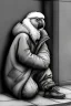 Placeholder: One single mature homeless cockatoo with worn out clothes, sleeping in a corner on the street, Vienna, mourning, model style, hyper realistic, extremely accurate, delicate, extremely detailed, Graphic novel style, wide-angle, open aperture, superfine pencil