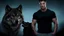 Placeholder: ultra realistic photograph of a muscular male with short dark hair and pale blue eyes wearing a tkg black teeshirt facing a large black wolf