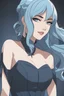 Placeholder: Middle aged woman with powder blue hair, dark blue eyes, wearing an elegant cocktail dress, smug, gallery background, RWBY animation style
