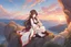 Placeholder: woman with long brown hair, red eyes, pale skin, highly detailed, intricate background, intricate face, sitting on a cliff during sunset, contemplative, anime style, Genshin Impact inspired, wears a Genshin Impact pyro vision amulet, dynamic composition