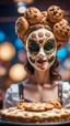 Placeholder: portrait of horny cute woman with cookie mask, baker of the highest many storied advanced art cake sculpture during a casino game show, bokeh like f/0.8, tilt-shift lens 8k, high detail, smooth render, down-light, unreal engine, prize winning