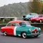 Placeholder: one car with a 1950s front and a 2023 car back end keeping the design and colours for each era the same on the one car