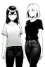 Placeholder: two girls dressed in jeans and a T-shirt walk in the city, line arts, greyscale