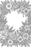 Placeholder: black and white beautiful thin frame made out of flowers for coloring pages, use a lot of florals in the frame, go all the way to the edges for the frame and leave a lot of space in the middle of the page, use only black and white, clear crisp outlines, no black background, go all the way to the outer edges of the page, use more space in the center of the page, make it rounder, use less shading, use more space in the center of the page, widen the frame, open up frame, more flower