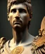 Placeholder: Realistic image, roman sculpture, marble material, Lionel Messi with Laurel wreath model, miguel angel style, God light, god rays, 4k resolution, perfect details, ornate details, soft lighting, unreal engine 5, soft cyan background.