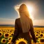 Placeholder: woman, back view, long brown clothes, blond hair, sunflower field, sunset