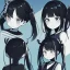 Placeholder: Clear focus, High resolution, rough line art, cute, cartoon, one side is a fluff cut, one side does not have hair but it does have one piece of hair that is medium length and sharp, both sides have medium length sharp locks on each side of her head, long twintails, smooth twintails, black hair, 1girl, (solo), grey eyes