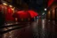 Placeholder: under a red umbrella, it's raining hard, it's night, lights from shops and a nearby hotel, cobblestone floor, city square, 16K, realistic photography