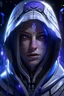 Placeholder: female, assassin, cyberpunk, white hood, glowing runes, nordic runes, violet eyes, glowing eyes, hard-edge style,highly detailed, high details, detailed portrait, masterpiece,ultra detailed, ultra quality