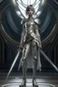 Placeholder: full body picture of a skinny woman with a bob, in silver armour, holding a curved sword, futuristic steampunk background