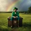 Placeholder: [high res photo of American Gods (2017)] Pablo Schreiber as the Leprechaun sits on an open treasure chest in a field, a rainbow reach the chest, he is happy
