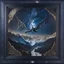 Placeholder: image framed with a thin border of celtic designs, story book cover format, A winged celestial dragon in flight above a forested mountain, against a background of brilliantly glittering stars, hd 4k, fine sharp detail