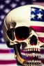 Placeholder: A close up of a skeleton face looking at the camera from a mysterious side view. Deep bony features and inside the hollow eyes are red shining lights, scary. Dressed in an astronaut suit floating in space. On his suit is an American flag and in his one hand is a small wavering American hand flag. From the back of his suit is blowing out blue, white and red smoke. Realistic, 8k, highly detailed, funny