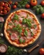 Placeholder: image of juicy pizza with tomatoes, arugula, ham, pizza sauces, 4k, uhd, 8k , 10k, 12k