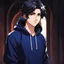 Placeholder: cartoon style,mysterious youthful Russan male, man, dark and intriguing, confident, intense, handsome, anime style, retroanime style, dark black very short hairs, dark brown eyes, smile, dark blue hoody, white man