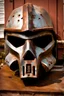 Placeholder: MF DOOM mask, rusted. Bottom of the ocean. Photograph.
