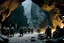Placeholder: from the outside three menacing orcs [high res photo from the Lord of The Ring movie (JRR Tolkien)] the entry of a cave in the mountain, during the night, three orc warriors are guarding the entrance facing the camera, observed from behind a rock