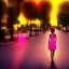 Placeholder: Beautiful lonely girl who walks along a street without people at dawn. You see her from behind. She wears very short yellow dress. She has short pink hair with glowing crystals. Full body, 8k resolution concept art. Professional Photo HD. Stylish. Warm vivid colors. Panoramic