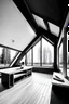 Placeholder: a frame house, minimal, white and black. cold wood and solar panel. interior design, show me the interior. add a small touch of yellow. interior
