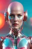 Placeholder: wide shot Alexandra Daddario as a bald chrome headed and face android (except the eyes mask of human flesh visible) and glamourous body only made of shiny and bright chromium metal (from head to toes, but partial body parts joints and some tech parts like radio antennas for the ears) - pink and turquoise glows and planetoids, a red orange sun shining in space night above a desert, makes moving reflects on the suit. Epic dark ambience, neo-noir cyberpunk - in Hajime Sorayama style, photo-realisti