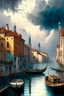 Placeholder: a painting of a canal with boats in it and buildings in the background with a cloudy sky above it, matte painting, a detailed matte painting, modern european ink painting, more colorful, people