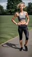 Placeholder: photography of a beautiful anorexic woman, grey satin triathlon top, sports illustrated, blond short wavy bob haircut, pronounced sternum, anthracite running leggins