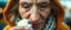Placeholder: close up portrait of the sweetest soulfull magical old woman with no makeup eating bird in ice cream with her big pointy nose