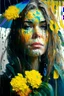 Placeholder: acrylic portrait of a woman, lush hair, emotions, rain, flowers, umbrella, autumn, paint blots, splashes, tears, plants, yellow, blue, green, orange colors