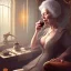 Placeholder: fantasy art, book cover, sexy old woman drinking tea under a smoking mirror