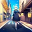 Placeholder: anime girl walking down a yellow brick road, road signs, arrows, direction, anime girl walking, arrows