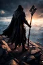 Placeholder: The Shadow of Death standing on a mountain top, using the staff of destruction to destroy the world. fantasy art, Cinematic lighting, Volumetric lighting, Epic composition, Very high detail, Character design, Unreal Engine, Octane render, HDR, Subsurface scattering