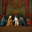 Placeholder: Siamese Cats in colorful costume performing on stage in a medieval opera, Hans Memling style, stylize 750, by yerka, by varo, encaustic