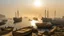 Placeholder: Qaitbay Citadel in Alexandria, fishermen’s boats anchored around it, fishermen putting fishing nets on their boats, fog covering the place, the moment the sun rises