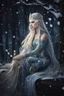 Placeholder: Elven princess,elven crown,long blonde golden hair,rapunzel hair,ice flowers,beautiful,light blue,dark blue,golden armor,sparkle,glitter,ice flowers,snow,elven ears,dark fairy princess