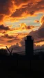 Placeholder: sunset,Dramatic Clouds s prison with gardd tower and prisoners try to escape Behind A Barbed Wire Fence